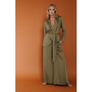 Tom & Linda Platt VTG Silk Satin 2pc Outfit Wide Leg Palazzo & Jacket Olive 16